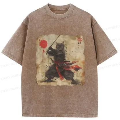 Tokyo-Tiger Retro Japanese Samurai Cat Washed T-Shirt