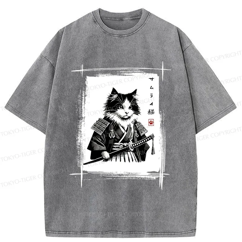 Tokyo-Tiger Tuxedo Samurai Cat Washed T-Shirt