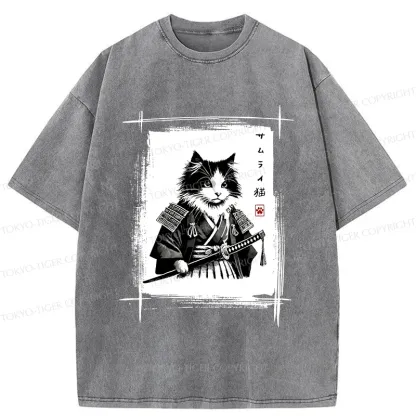 Tokyo-Tiger Tuxedo Samurai Cat Washed T-Shirt