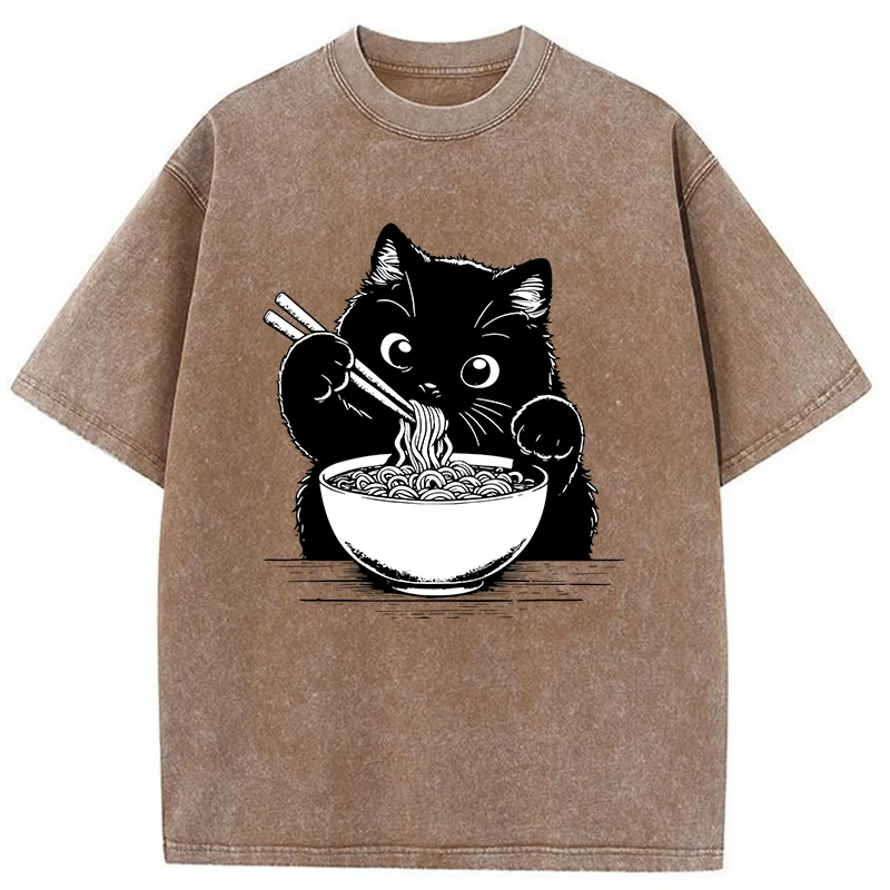 Tokyo-Tiger Cute Cat Eating Ramen Washed T-Shirt