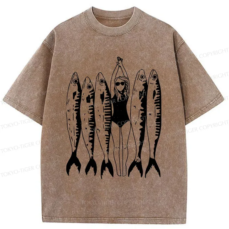 Tokyo-Tiger Swimming People And Fish Washed T-Shirt