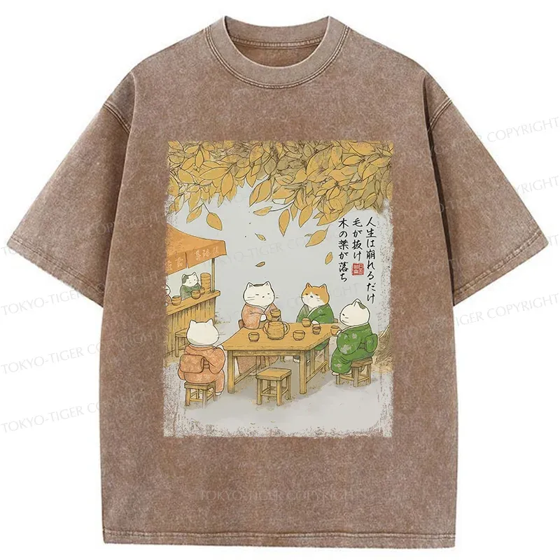 Tokyo-Tiger Cats Drinking Tea Under The Tree Washed T-Shirt