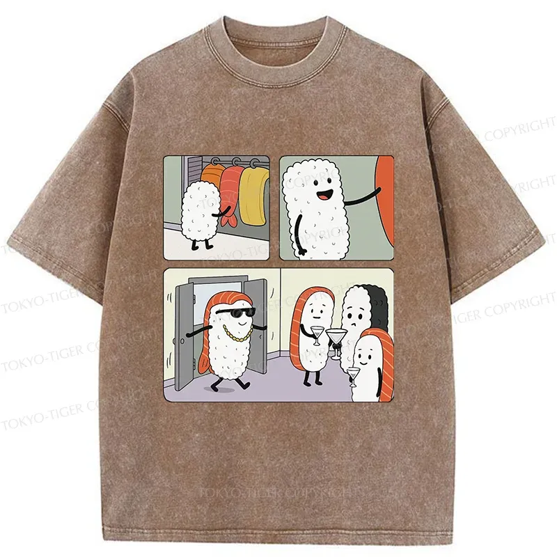 Tokyo-Tiger Sushi At The Party Washed T-Shirt