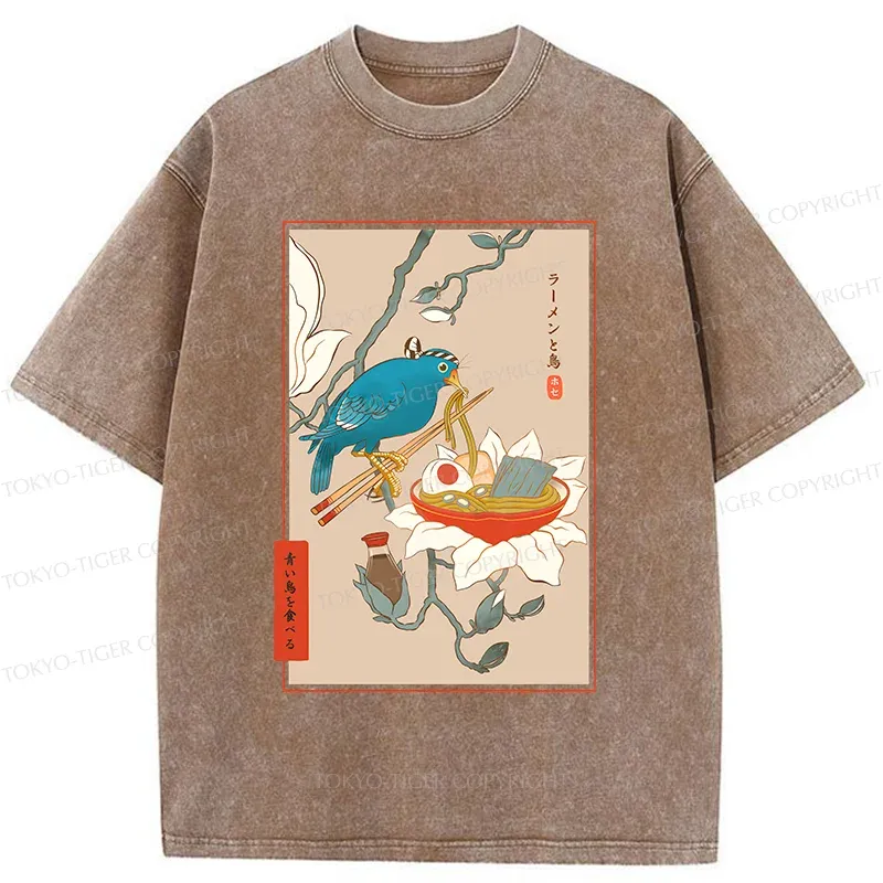 Tokyo-Tiger Bird Eating Ramen Washed T-Shirt