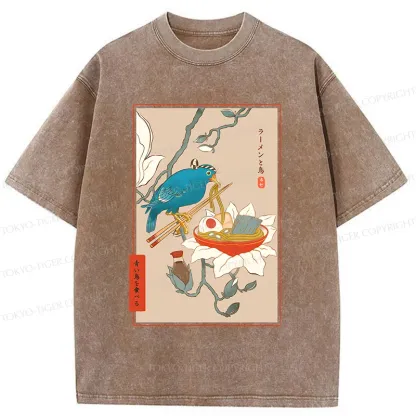 Tokyo-Tiger Bird Eating Ramen Washed T-Shirt