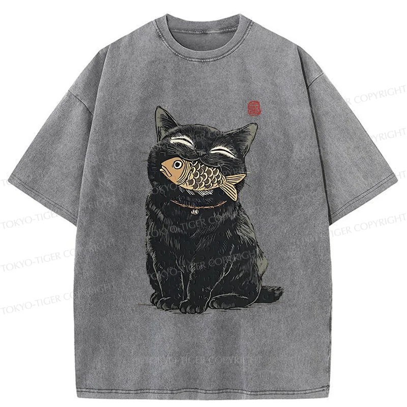 Tokyo-Tiger Happy Black Cat Washed T-Shirt