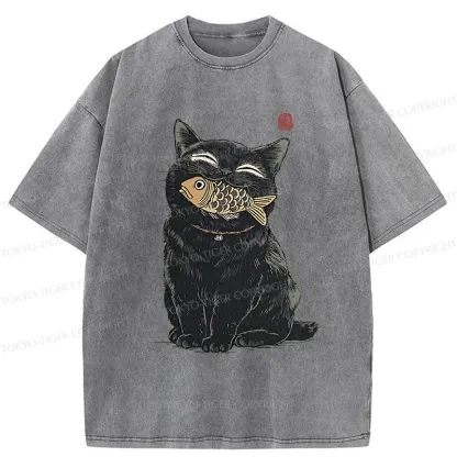 Tokyo-Tiger Happy Black Cat Washed T-Shirt
