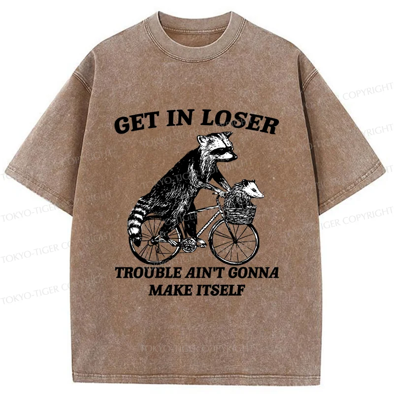 Tokyo-Tiger Raccoon On A Bicycle Washed T-Shirt