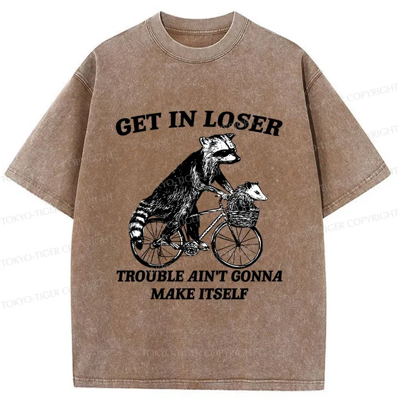 Tokyo-Tiger Raccoon On A Bicycle Washed T-Shirt