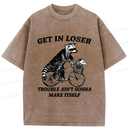 Tokyo-Tiger Raccoon On A Bicycle Washed T-Shirt