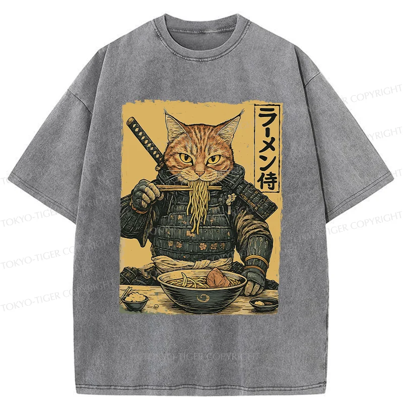 Tokyo-Tiger Cat General Eating Ramen Washed T-Shirt