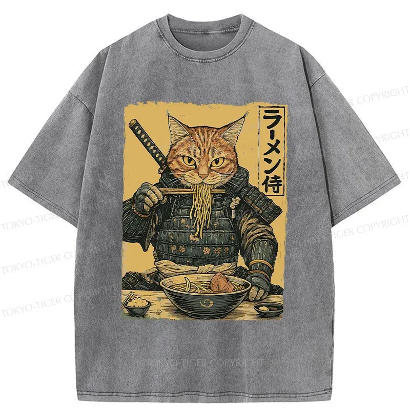 Tokyo-Tiger Cat General Eating Ramen Washed T-Shirt