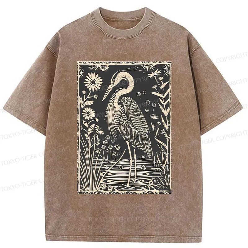 Tokyo-Tiger Woodcut Crane Japan Washed T-Shirt