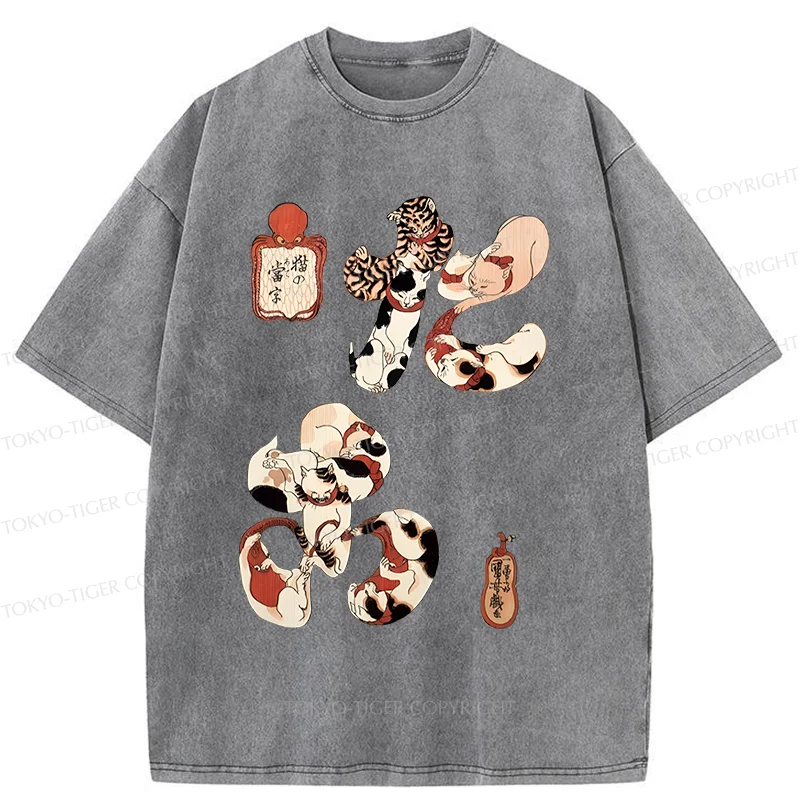 Tokyo-Tiger Funny Cat Kanji Washed T-Shirt