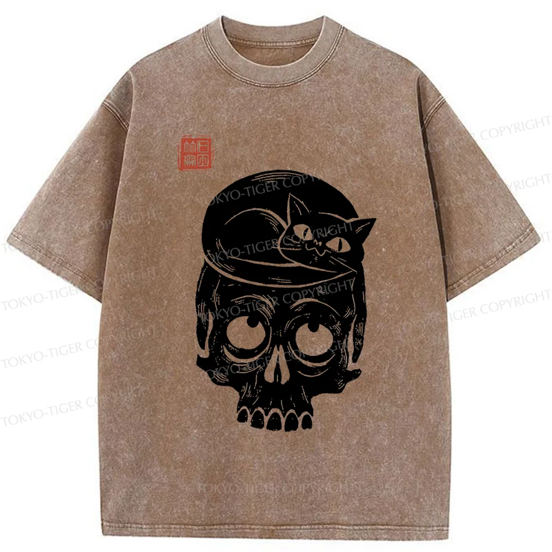 Tokyo-Tiger Woodcut Cat And Skeleton Washed T-Shirt