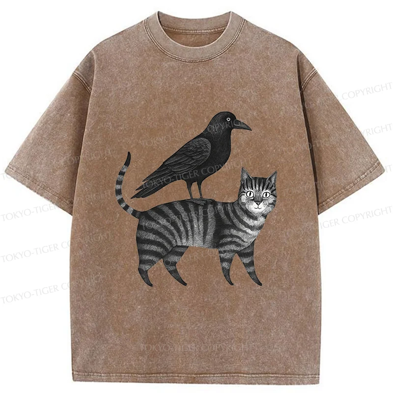 Tokyo-Tiger Crow Riding A Cat Washed T-Shirt