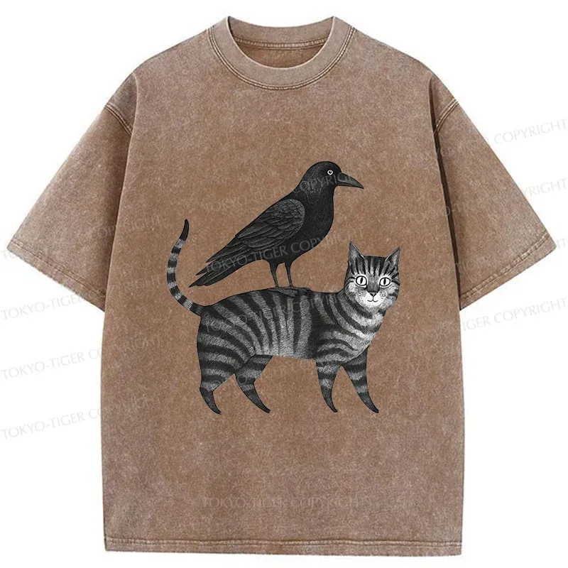 Tokyo-Tiger Crow Riding A Cat Washed T-Shirt
