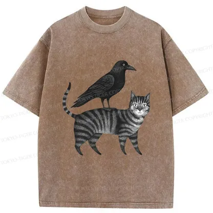 Tokyo-Tiger Crow Riding A Cat Washed T-Shirt