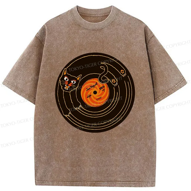 Tokyo-Tiger Cat Scratching Record Washed T-Shirt