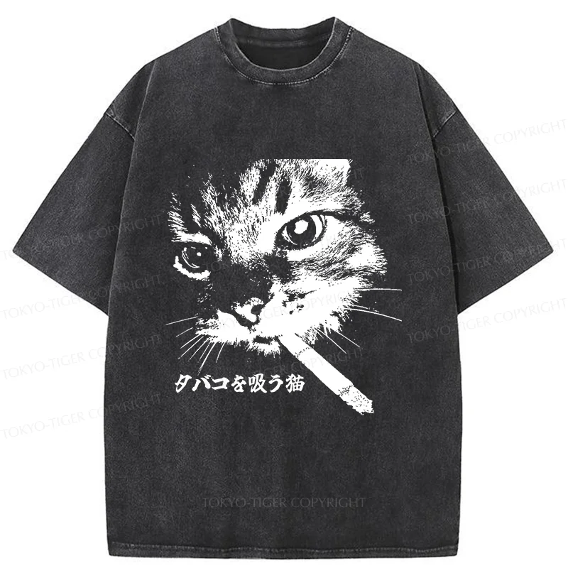 Tokyo-Tiger Retro Cat Smoking Washed T-Shirt