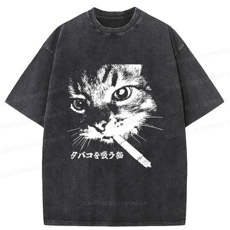 Tokyo-Tiger Retro Cat Smoking Washed T-Shirt Sale