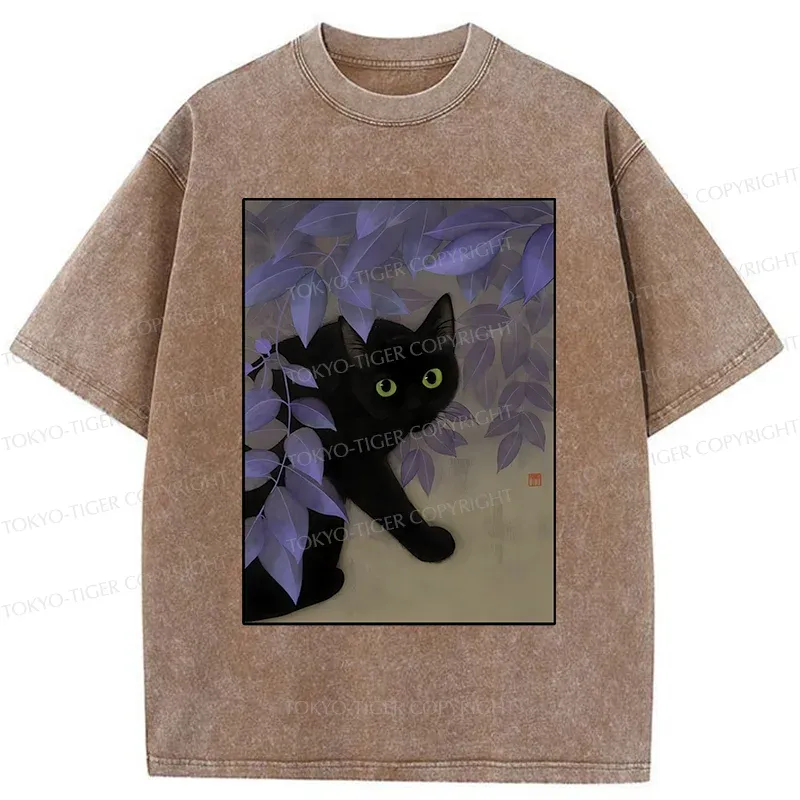 Tokyo-Tiger Cat Under The Flowers Washed T-Shirt
