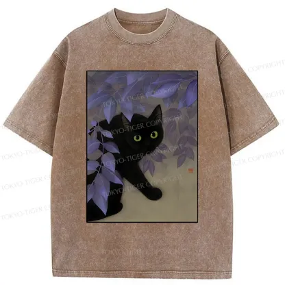 Tokyo-Tiger Cat Under The Flowers Washed T-Shirt