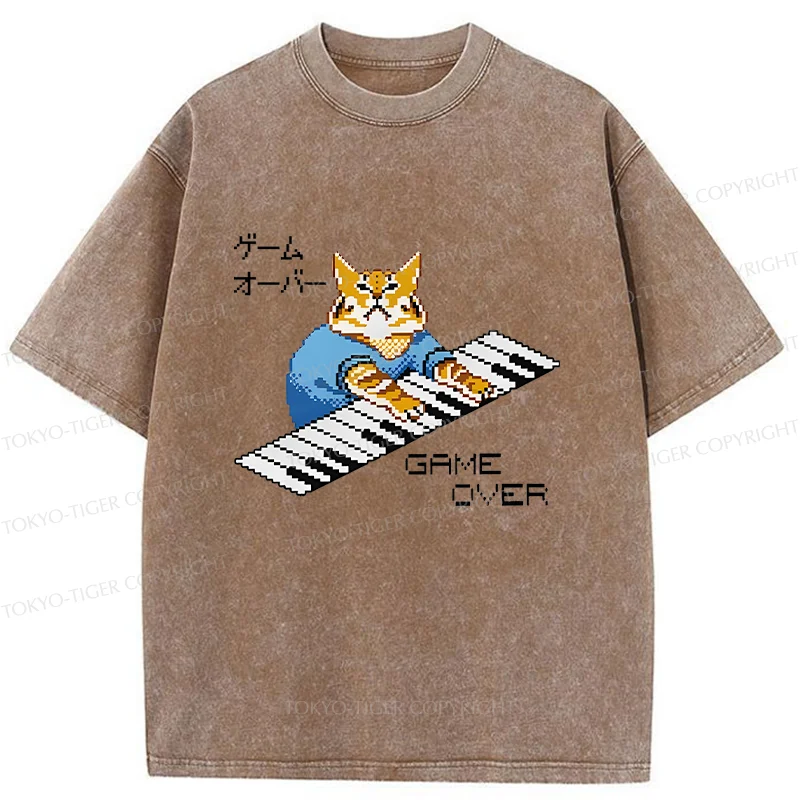 Tokyo-Tiger Cat Playing The Piano Washed T-Shirt