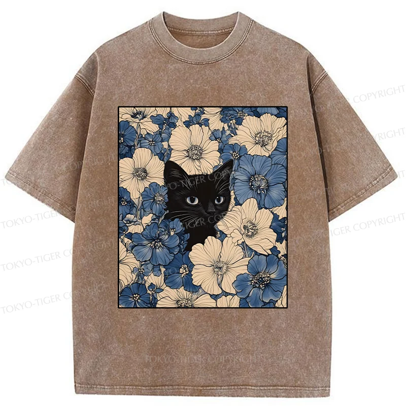 Tokyo-Tiger Cat In The Flowers Washed T-Shirt