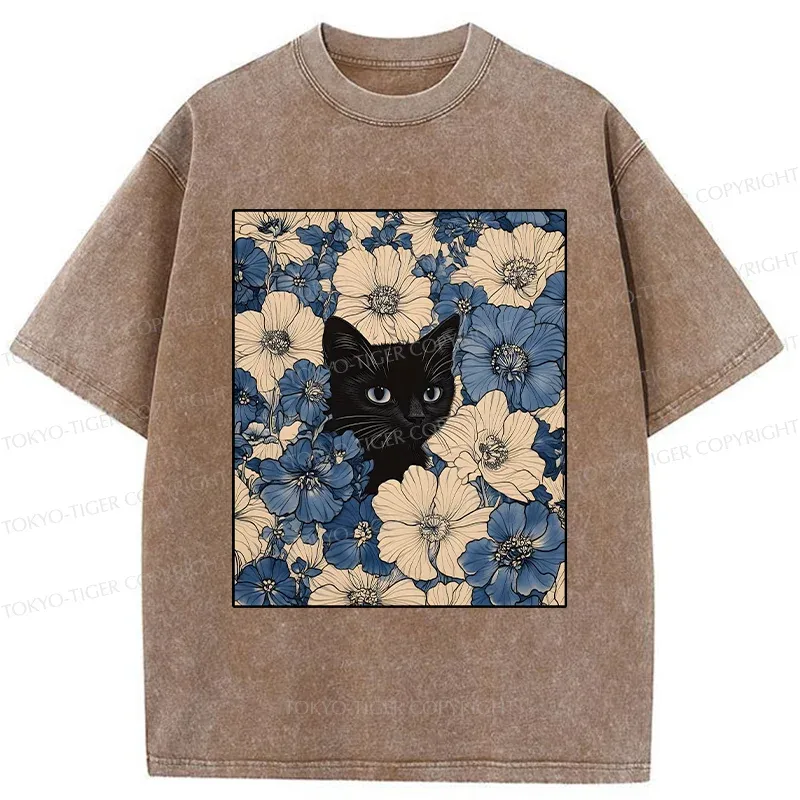 Tokyo-Tiger Cat In The Flowers Washed T-Shirt