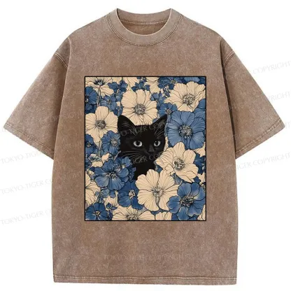Tokyo-Tiger Cat In The Flowers Washed T-Shirt