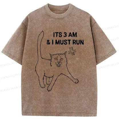 Tokyo-Tiger Cat Going For A Night Run Washed T-Shirt