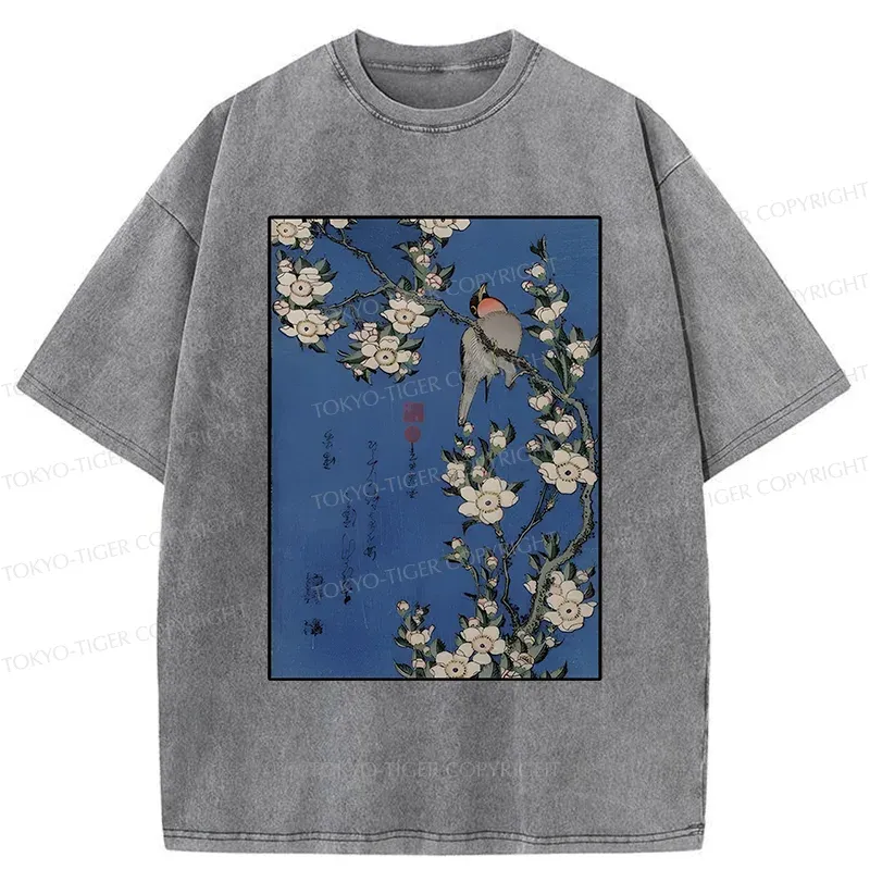 Tokyo-Tiger Japanese Bird And Wood Painting Washed T-Shirt Sale