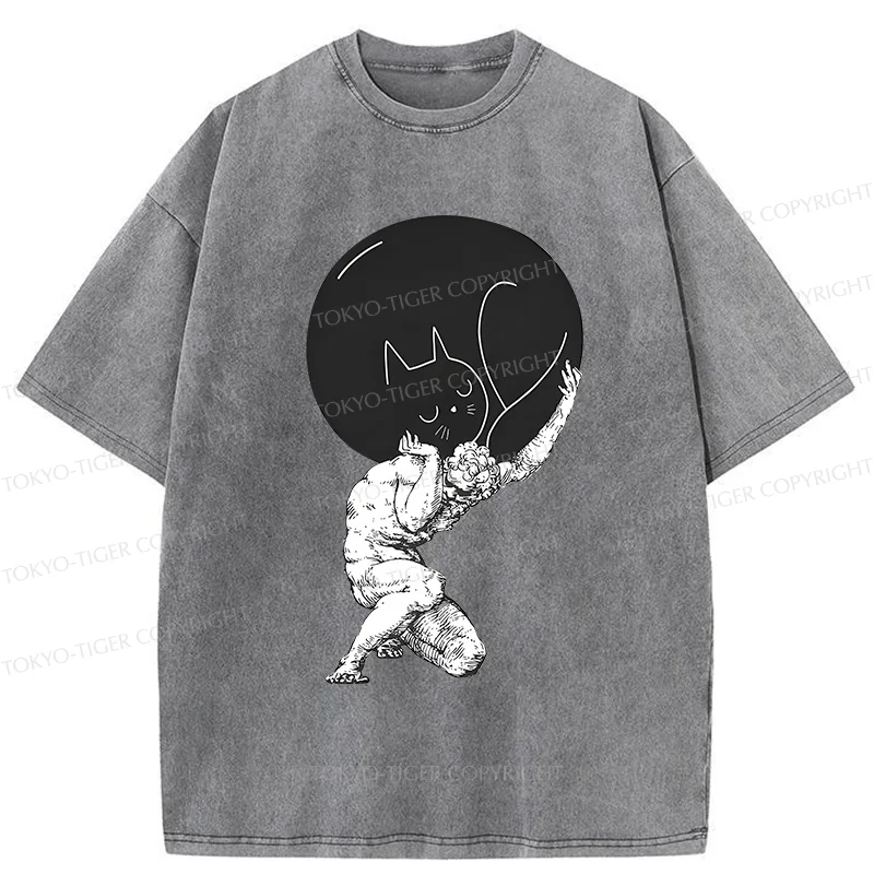 Tokyo-Tiger Stone Statue Holding A Cat Washed T-Shirt