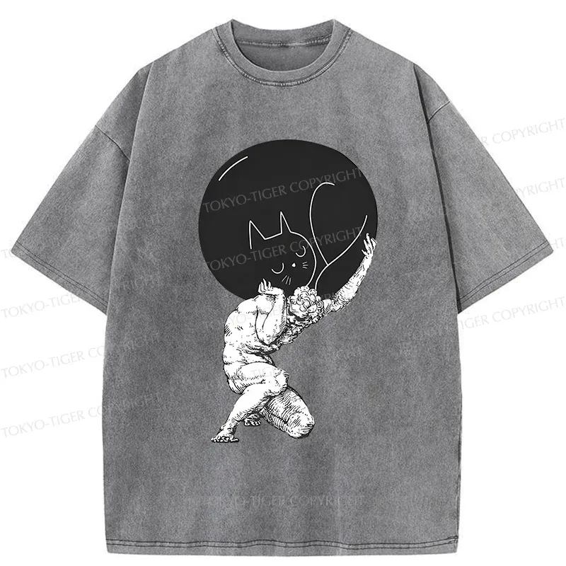 Tokyo-Tiger Stone Statue Holding A Cat Washed T-Shirt
