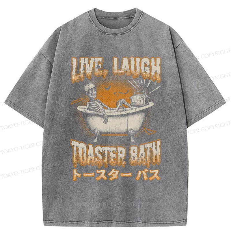 Tokyo-Tiger Skeleton Taking A Bath Washed T-Shirt
