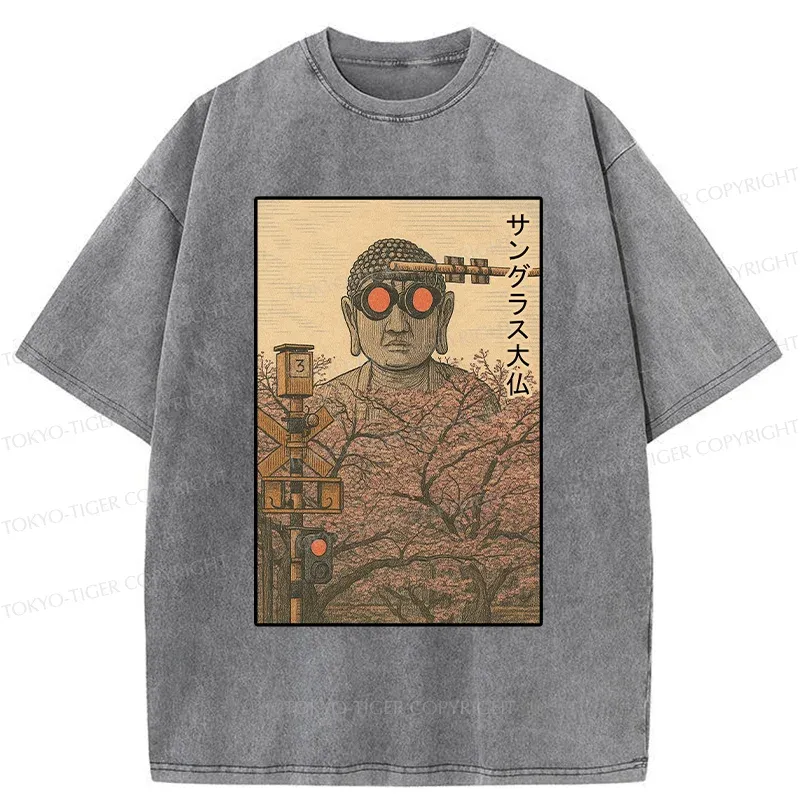 Tokyo-Tiger Buddha Statue Wearing Sunglasses Washed T-Shirt