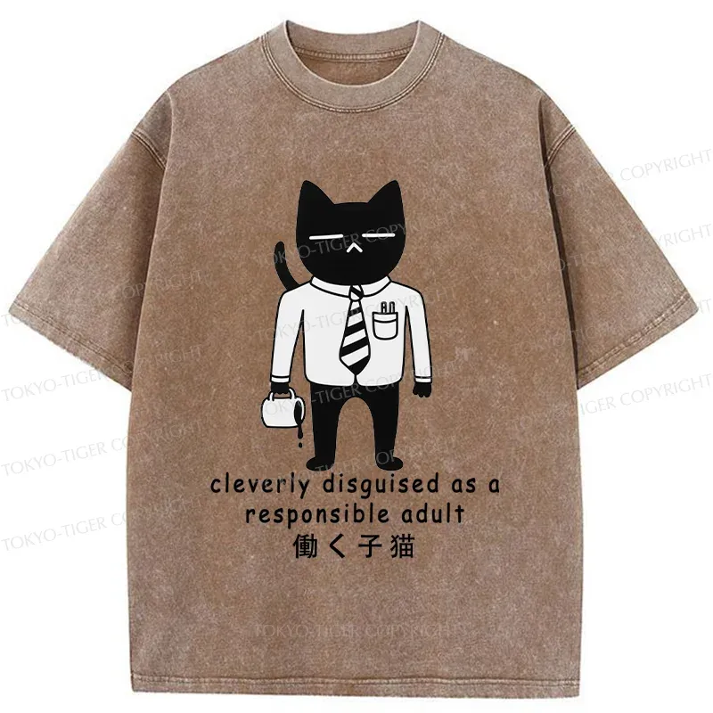 Tokyo-Tiger Cat At Work Washed T-Shirt