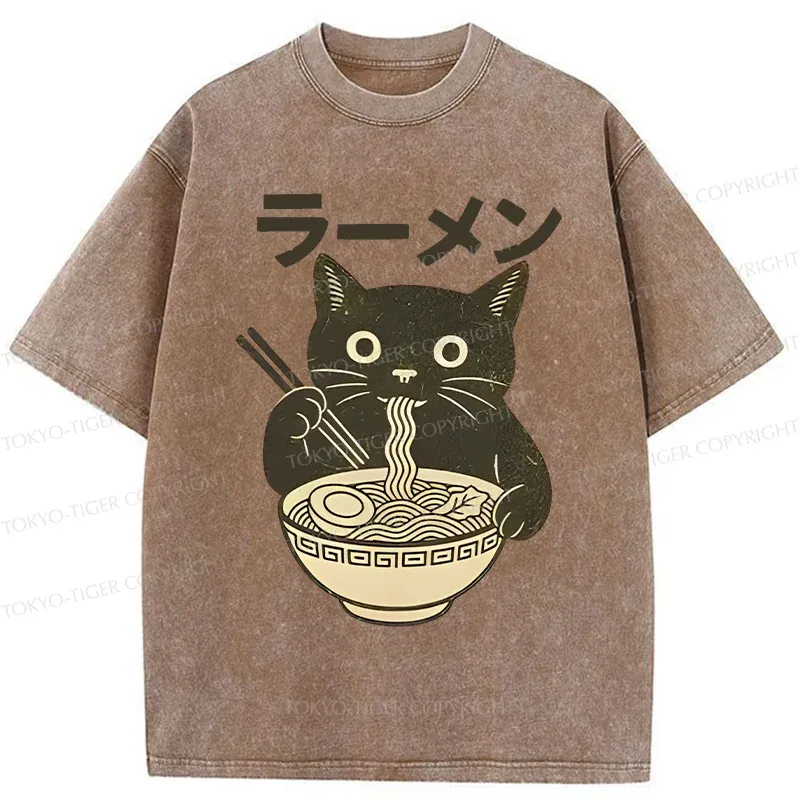 Tokyo-Tiger Simple Black Cat Eating Ramen Washed T-Shirt Sale