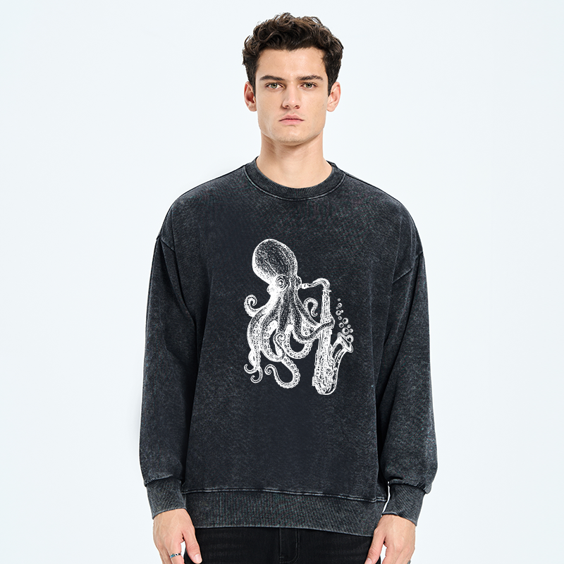 Tokyo-Tiger Octopus Playing Saxophone Washed Sweatshirt