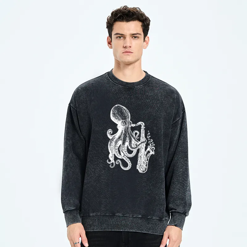 Tokyo-Tiger Octopus Playing Saxophone Washed Sweatshirt