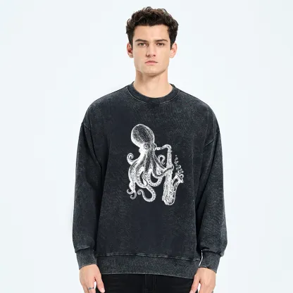 Tokyo-Tiger Octopus Playing Saxophone Washed Sweatshirt