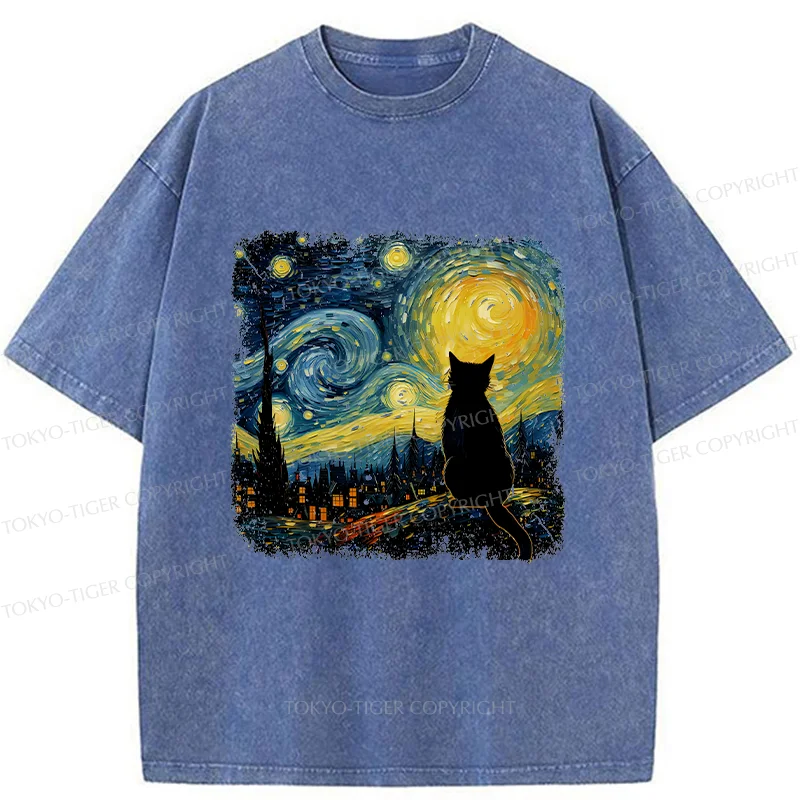 Tokyo-Tiger The Starry Night Cat Washed T-Shirt