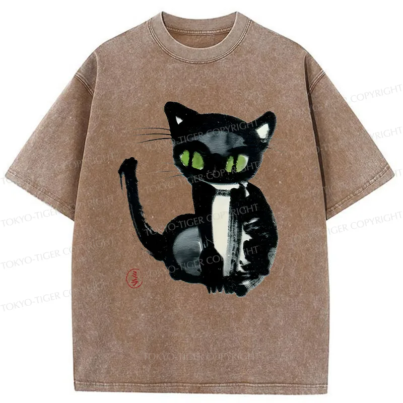 Tokyo-Tiger Ink Painting Cat Washed T-Shirt