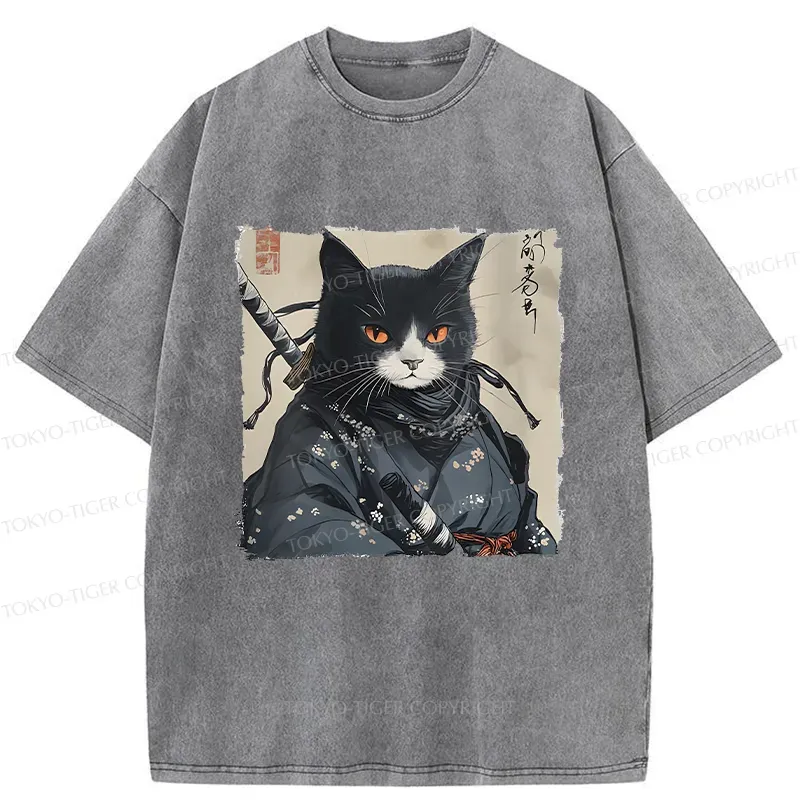 Tokyo-Tiger Handsome Samurai Cat Washed T-Shirt