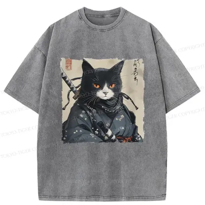 Tokyo-Tiger Handsome Samurai Cat Washed T-Shirt