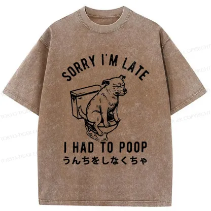 Tokyo-Tiger Dog Pooping Funny Washed T-Shirt