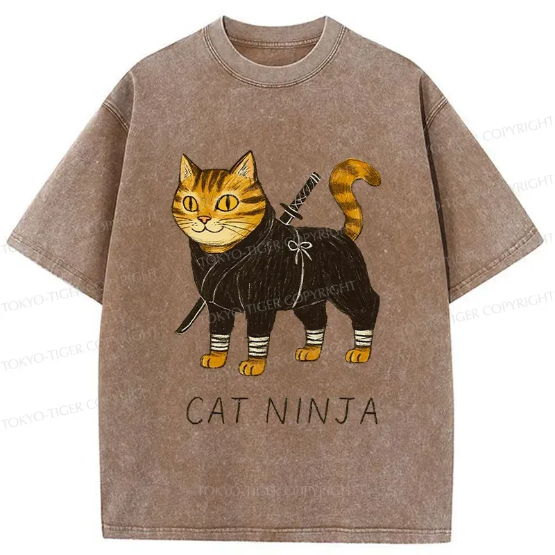 Tokyo-Tiger Cute Ninja Cat Washed T-Shirt Sale