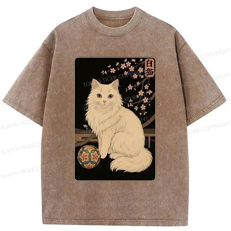 Tokyo-Tiger Retro White Cat Washed T-Shirt