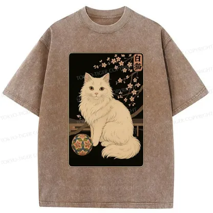 Tokyo-Tiger Retro White Cat Washed T-Shirt